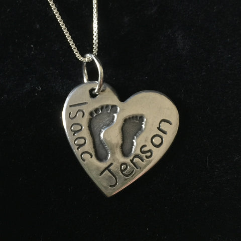 Large heart double footprint necklace